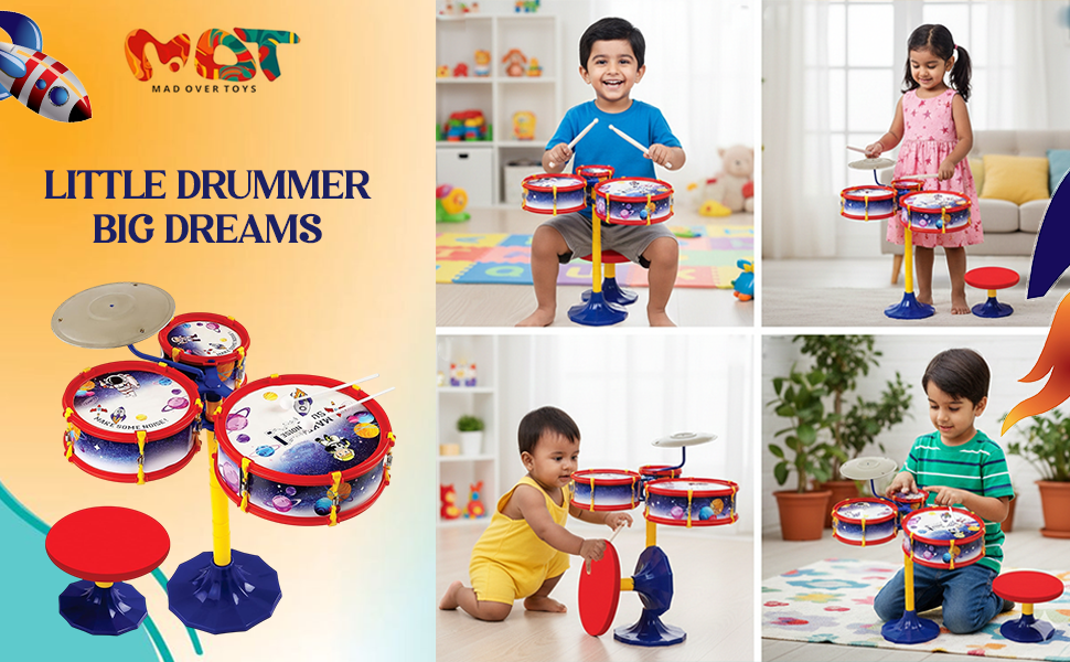 Mad Over Toys Space Little Rockstar Drum Set for Kids – Space-Themed Musical Drum Kit for Toddlers, Beginner Percussion Toy to Build Rhythm & Creativity A+ Image 3