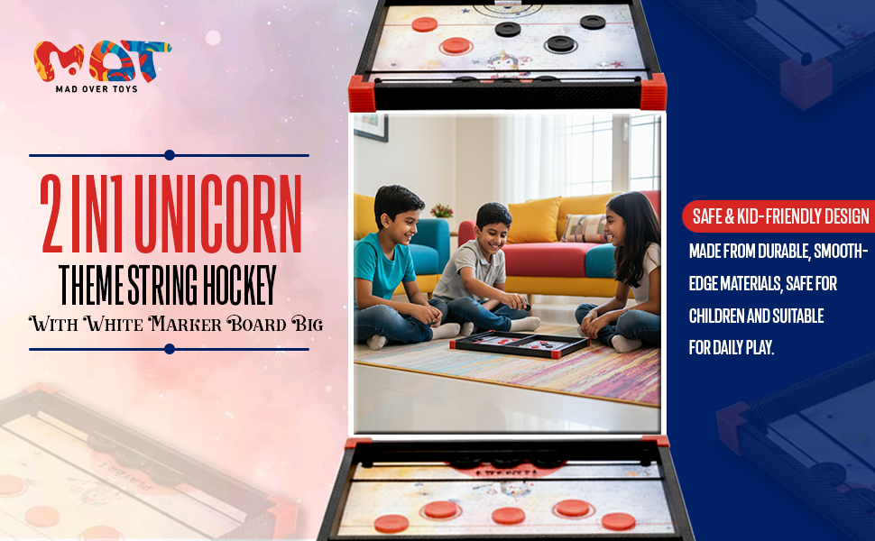 Mad Over Toys 2-in-1 Unicorn String Hockey Game with Whiteboard | Indoor Table Game for Kids | Fun & Educational Toy A+ Image 2