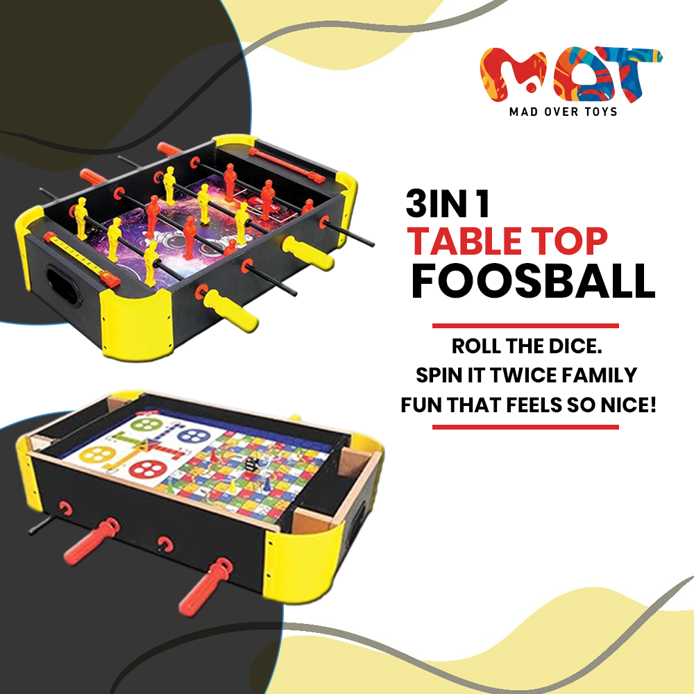 Mad Over Toys 3 In 1 Table Top Foosball Game for Kids | Indoor Multi Game Table for Home, Playroom & Gift