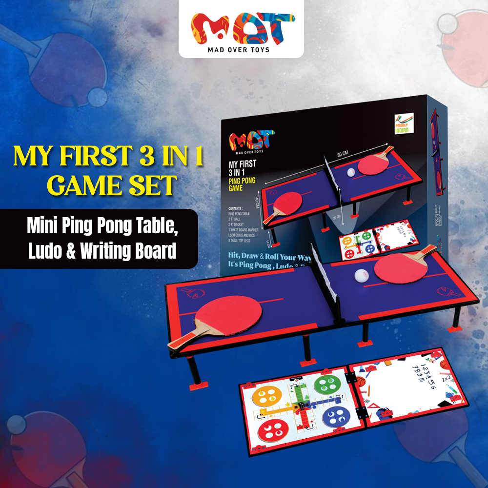 Mad Over Toys My First 3-in-1 Game Set | Mini Ping Pong Table, Ludo & Writing Board | Indoor Fun & Learning Game for Kids
