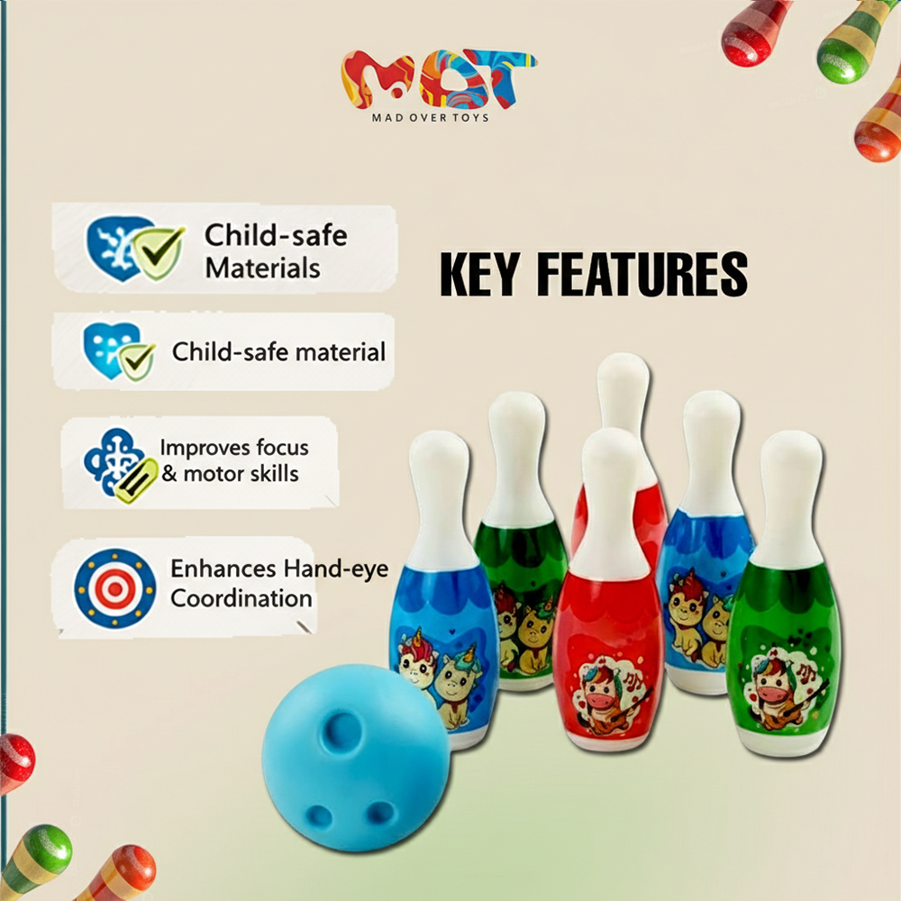 Mad Over Toys Mini Bowling Set Box for Kids – Indoor Bowling Game Toy for Toddlers, Educational Skill-Building Play Set for Hand-Eye Coordination