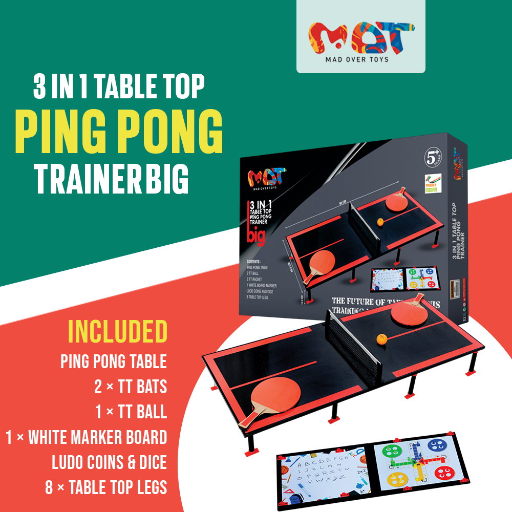 Mad Over Toys 3-in-1 Table Top Ping Pong Trainer Big | Table Tennis Set with Ludo & Whiteboard | Indoor Game for Kids & Family