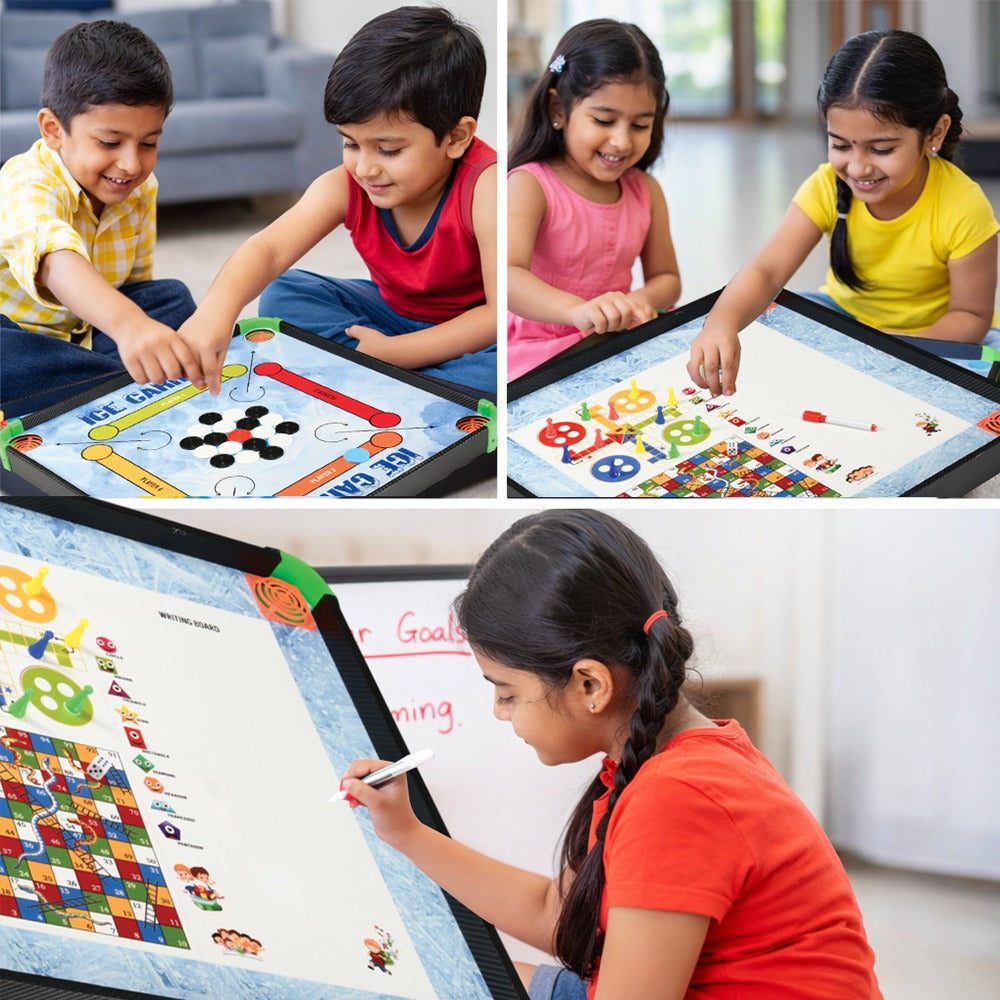 Mad Over Toys Ice Carrom 4-in-1 Board Game | Carrom, Ludo, Snake & More | Indoor Fun & Learning Game for Kids & Family