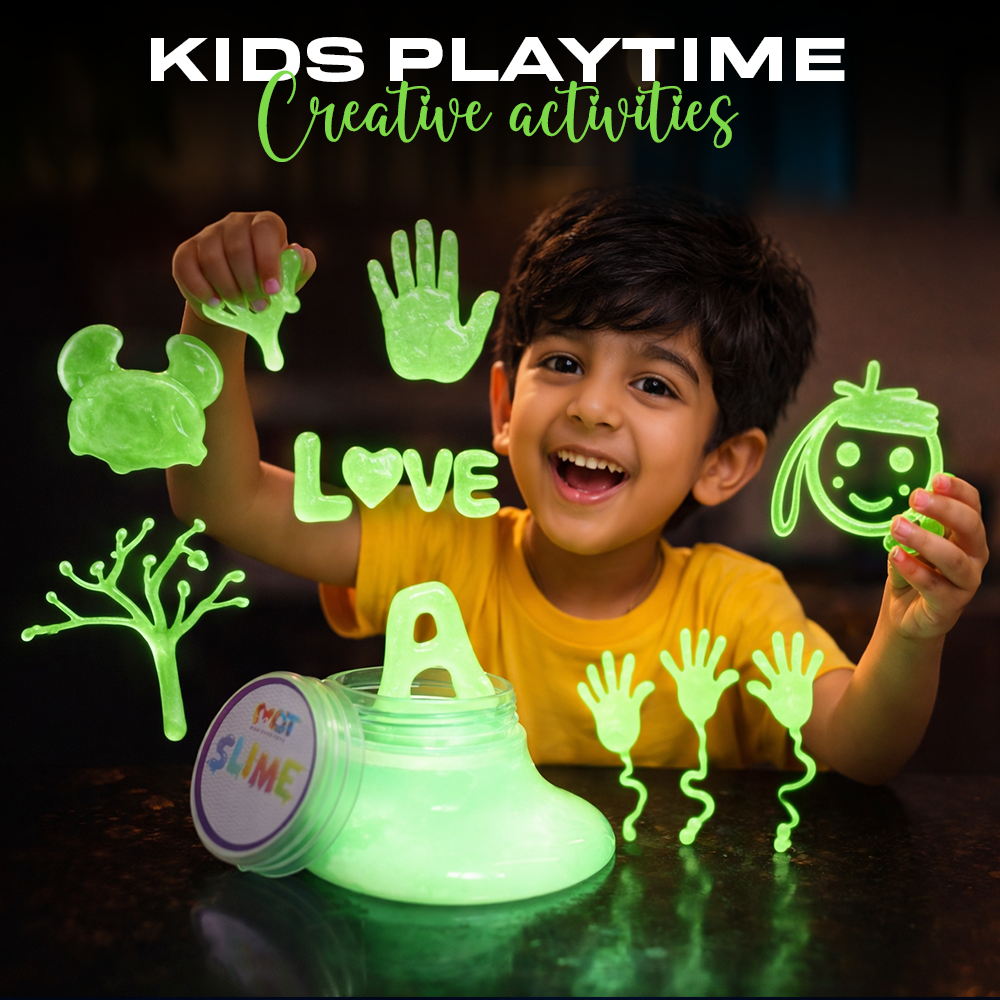 Mad Over Toys Glow in the Dark Slime for Kids | Neon Luminous Stretchy Slime – Non-Sticky & Super Soft Sensory Toy |Perfect for Night Play, Science Projects & Birthday Return Gifts For Boys & Girls 3+(Pack of 4)