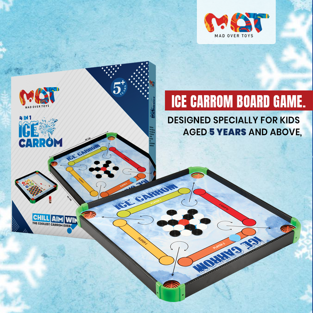 Mad Over Toys Ice Carrom 4-in-1 Board Game | Carrom, Ludo, Snake & More | Indoor Fun & Learning Game for Kids & Family