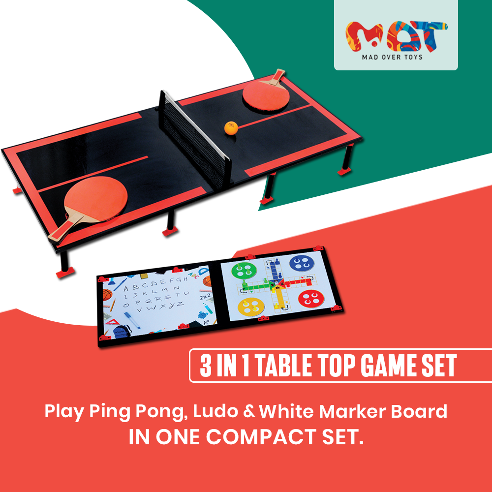 Mad Over Toys 3-in-1 Table Top Ping Pong Trainer Big | Table Tennis Set with Ludo & Whiteboard | Indoor Game for Kids & Family