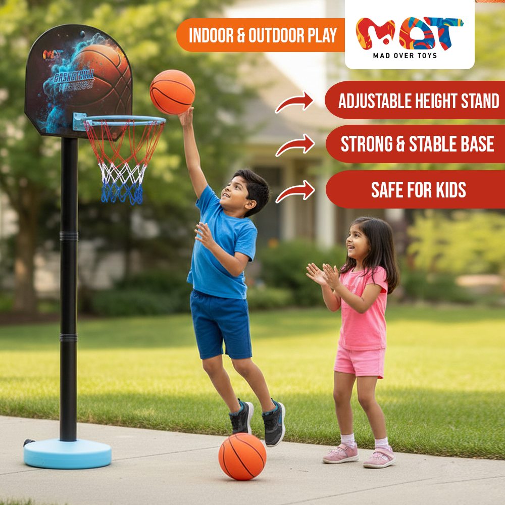 Mad Over Toys 2 in 1 Adjustable Basketball Set for Kids | Height Adjustable Indoor Outdoor Basketball Hoop | Easy Assemble Basketball Toy for Boys & Girls