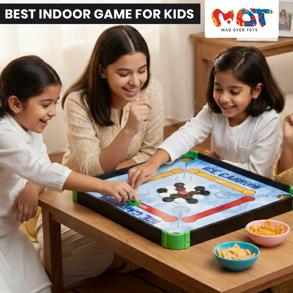 Mad Over Toys Ice Carrom 4-in-1 Board Game | Carrom, Ludo, Snake & More | Indoor Fun & Learning Game for Kids & Family