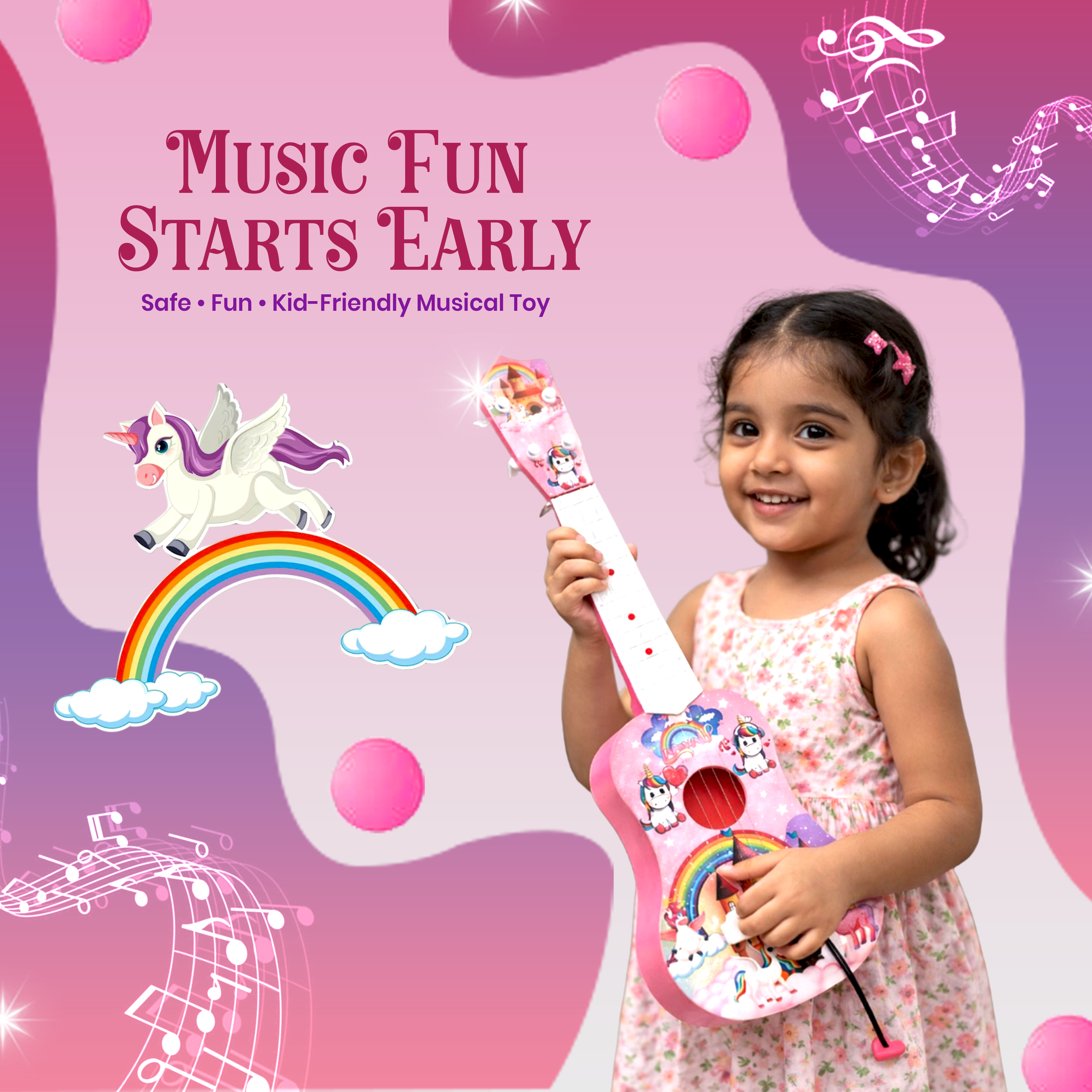 Mad Over Toys Unicorn Little Rockstar Guitar for Kids | Beginner Musical Instrument for Home, Learning & Gift