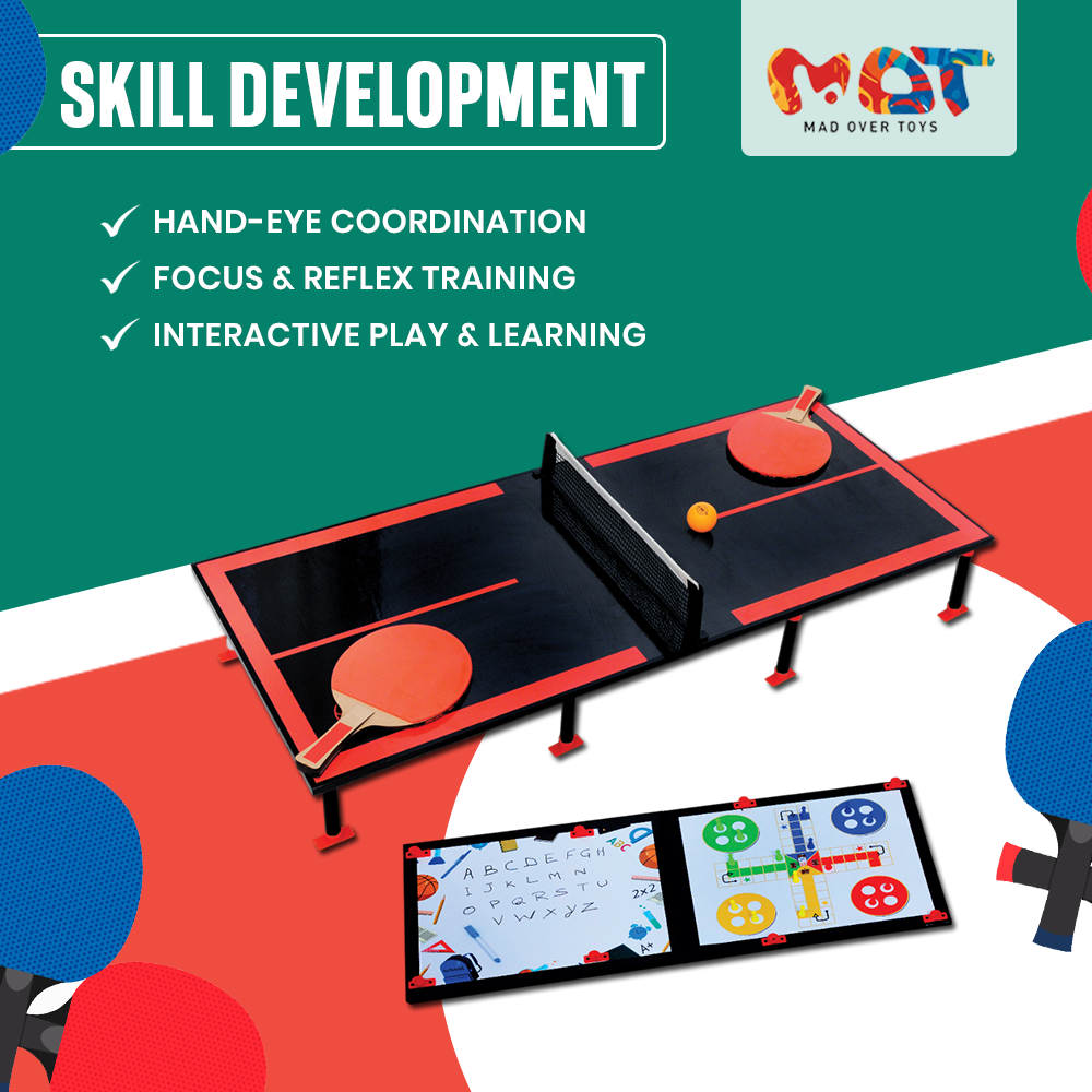 Mad Over Toys 3-in-1 Table Top Ping Pong Trainer Big | Table Tennis Set with Ludo & Whiteboard | Indoor Game for Kids & Family