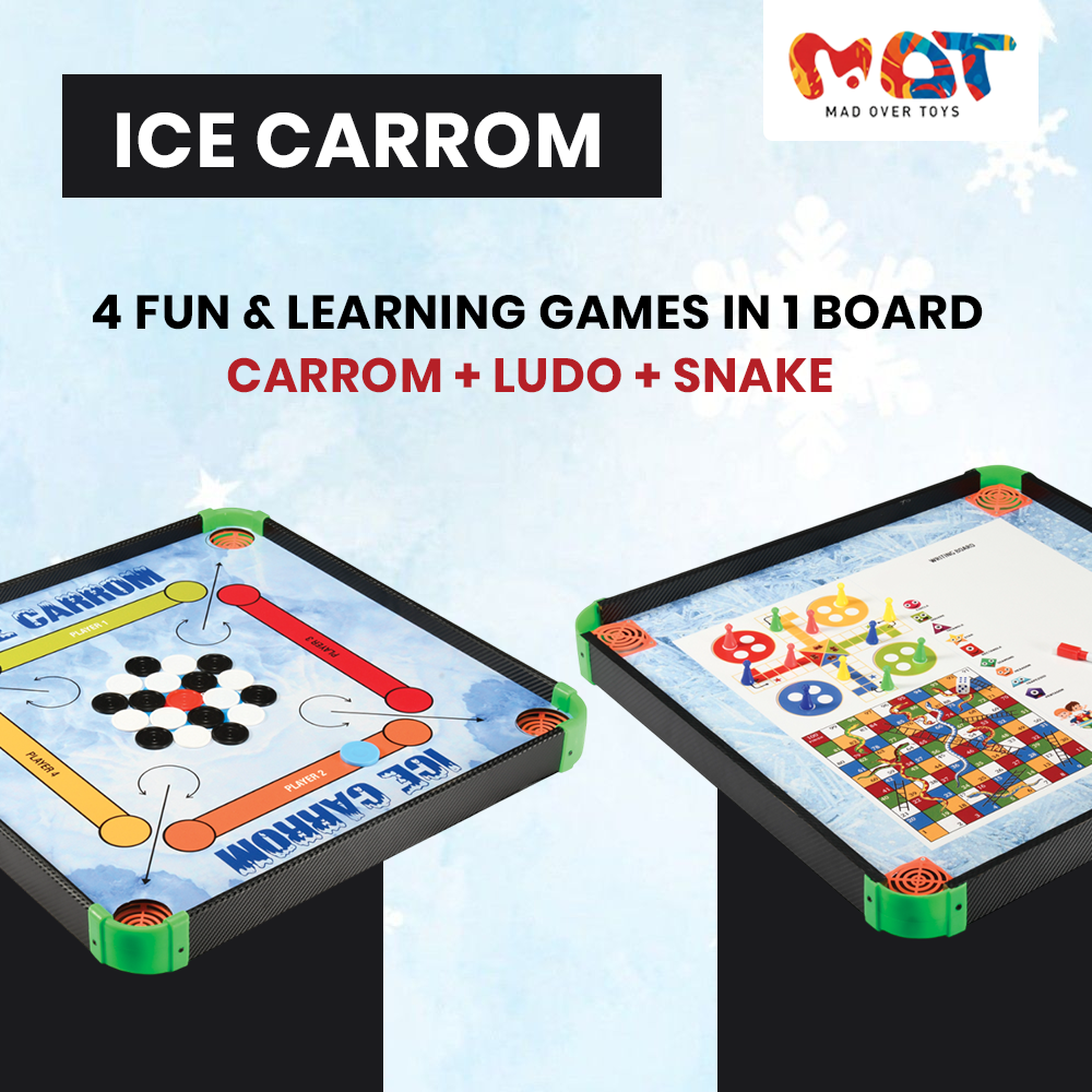 Mad Over Toys Ice Carrom 4-in-1 Board Game | Carrom, Ludo, Snake & More | Indoor Fun & Learning Game for Kids & Family