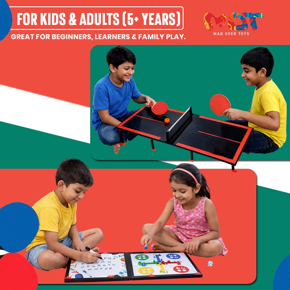 Mad Over Toys 3-in-1 Table Top Ping Pong Trainer Big | Table Tennis Set with Ludo & Whiteboard | Indoor Game for Kids & Family