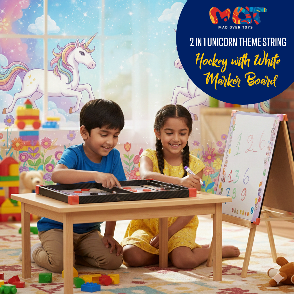 Mad Over Toys 2-in-1 Unicorn String Hockey Game with Whiteboard | Indoor Table Game for Kids | Fun & Educational Toy
