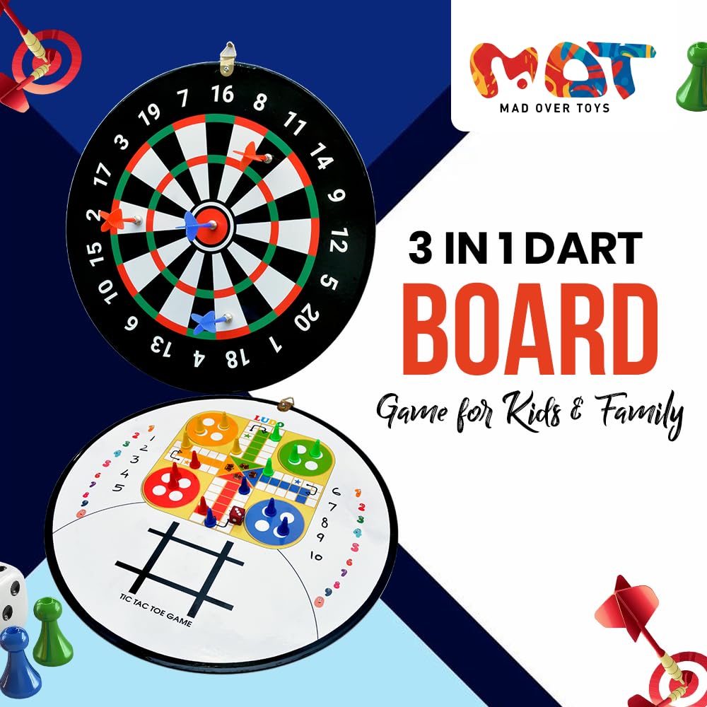 Mad Over Toys 3-in-1 Dart Board Game for Kids & Family | Dartboard with Ludo & Tic Tac Toe | Indoor Fun & Skill Development Game