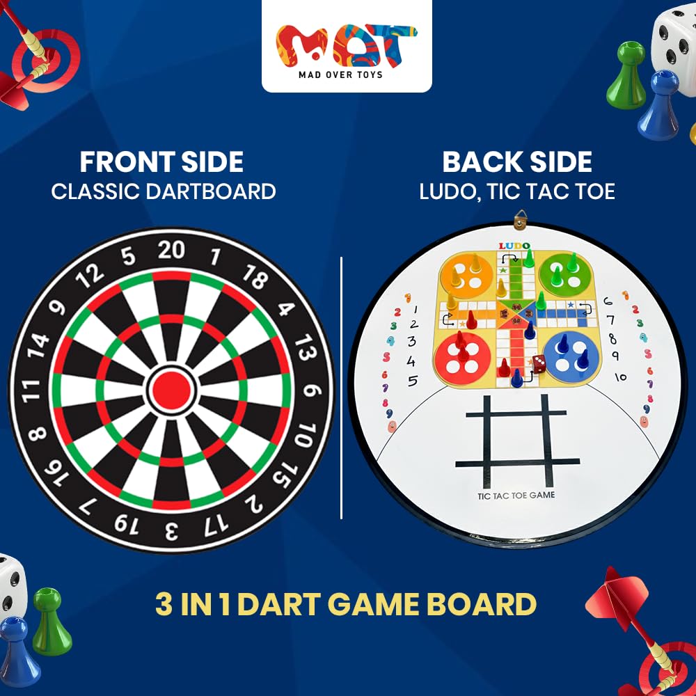 Mad Over Toys 3-in-1 Dart Board Game for Kids & Family | Dartboard with Ludo & Tic Tac Toe | Indoor Fun & Skill Development Game