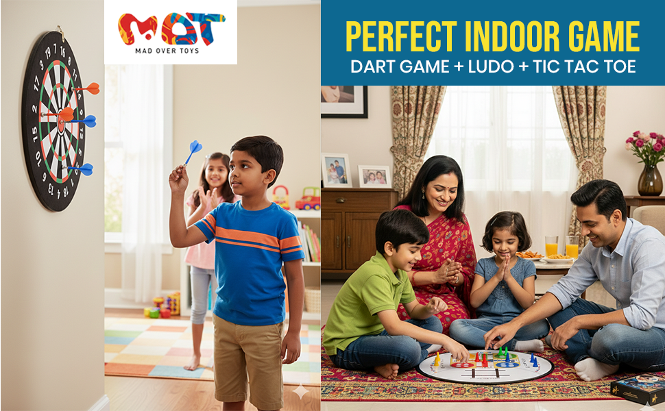 Mad Over Toys 3-in-1 Dart Board Game for Kids & Family | Dartboard with Ludo & Tic Tac Toe | Indoor Fun & Skill Development Game A+ Image 4