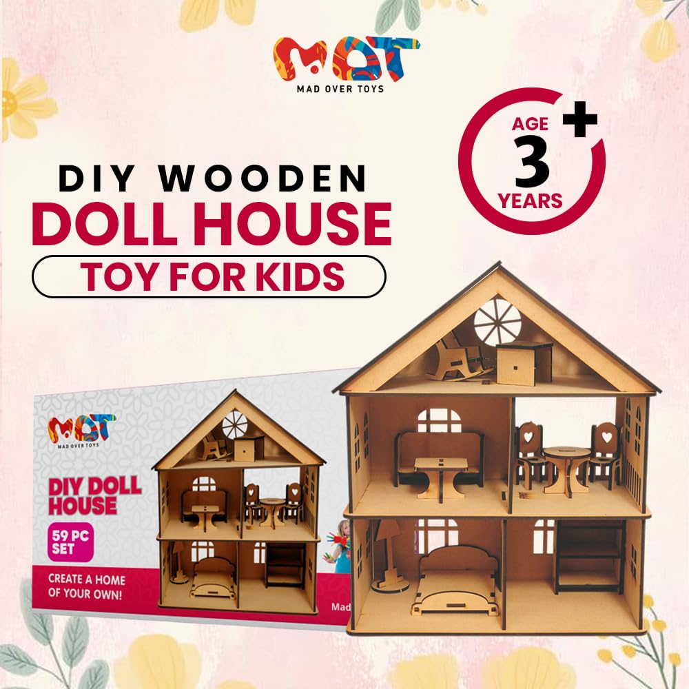 Mad Over Toys DIY Wooden Doll House Toy for Kids (3+ Years) | Creative Play Set with Furniture | Imagination & Skill Development Toy