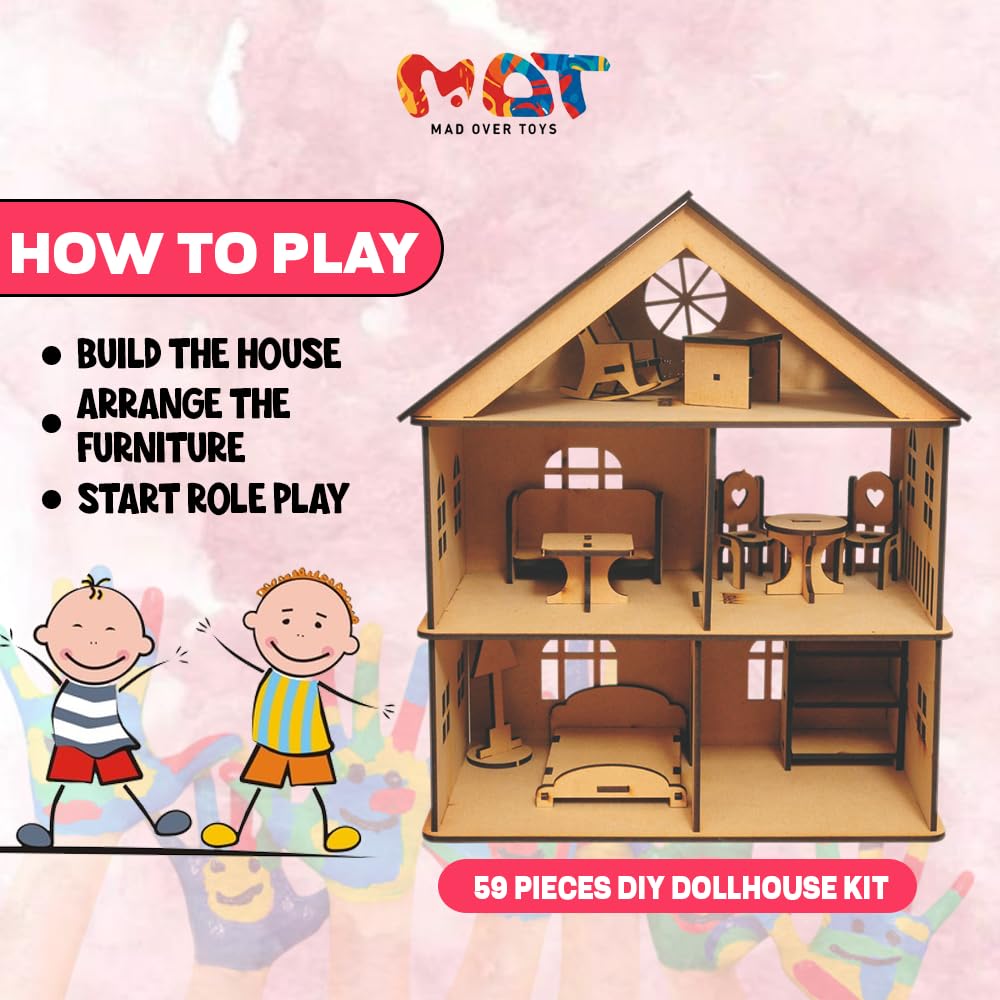 Mad Over Toys DIY Wooden Doll House Toy for Kids (3+ Years) | Creative Play Set with Furniture | Imagination & Skill Development Toy