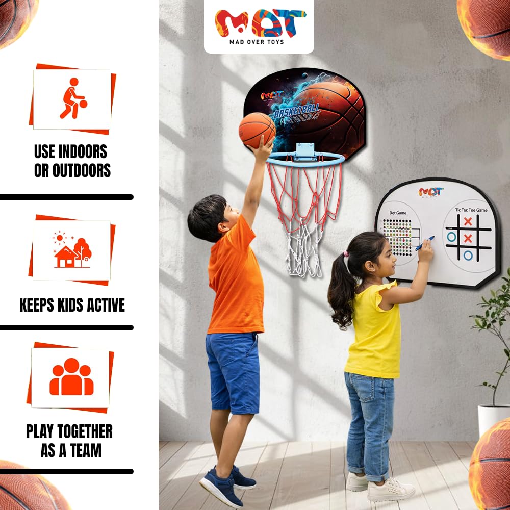 Mad Over Toys Wall Mount Basketball Set for Kids | 3-in-1 Hoop with Tic Tac Toe & Dot Game | Indoor & Outdoor Fun Game