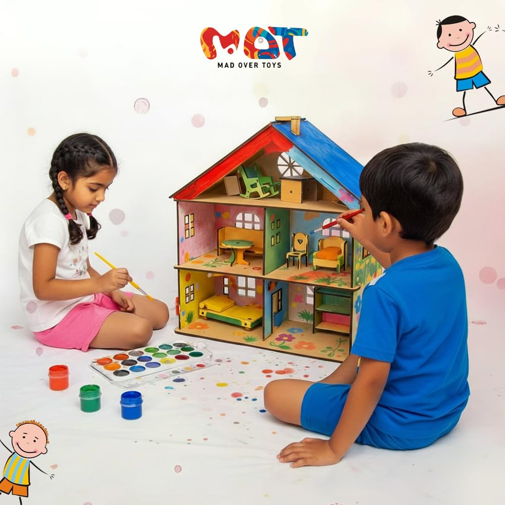 Mad Over Toys DIY Wooden Doll House Toy for Kids (3+ Years) | Creative Play Set with Furniture | Imagination & Skill Development Toy