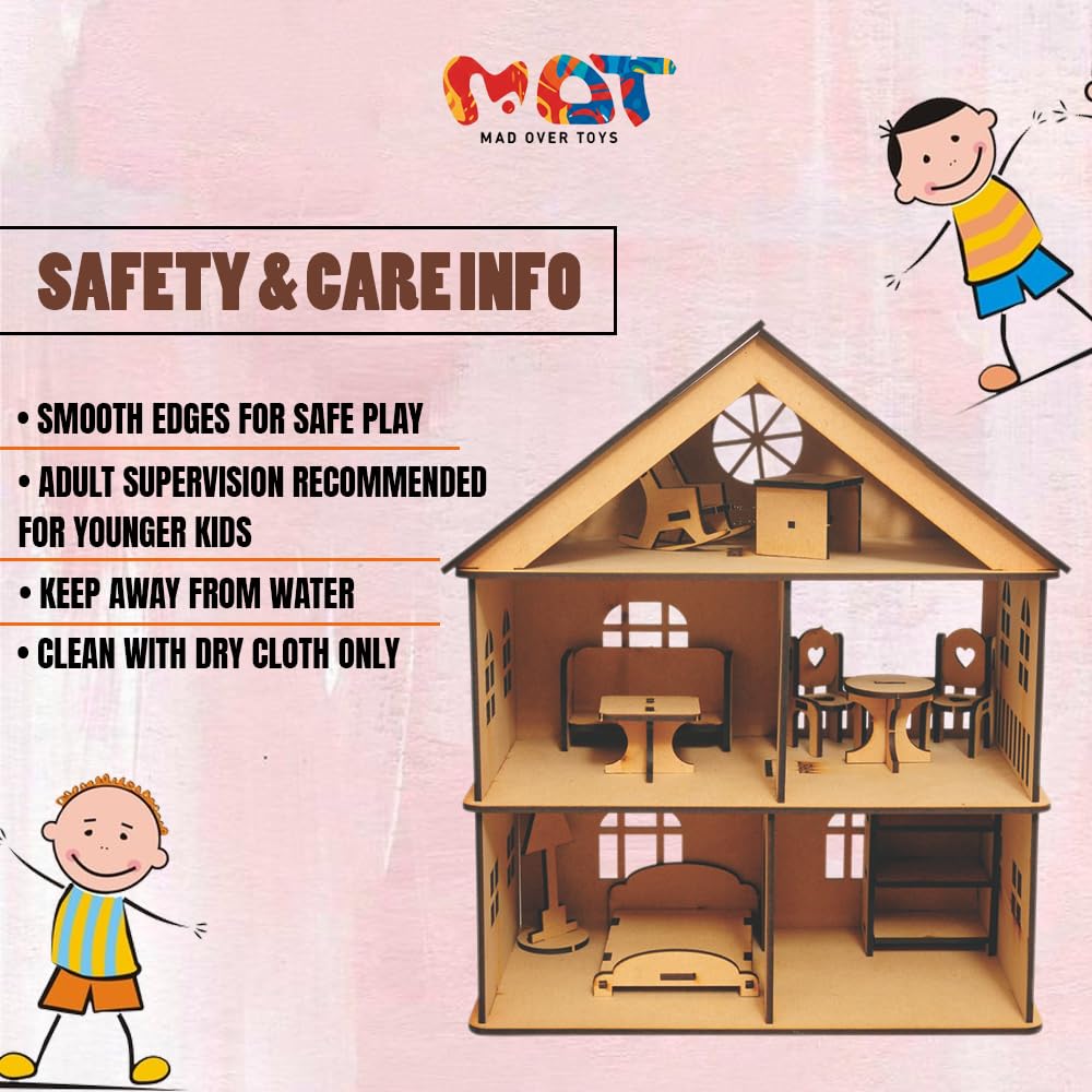Mad Over Toys DIY Wooden Doll House Toy for Kids (3+ Years) | Creative Play Set with Furniture | Imagination & Skill Development Toy