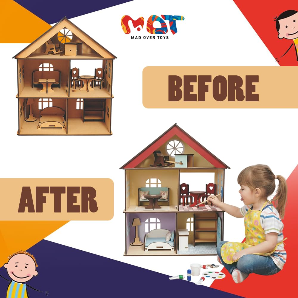 Mad Over Toys DIY Wooden Doll House Toy for Kids (3+ Years) | Creative Play Set with Furniture | Imagination & Skill Development Toy