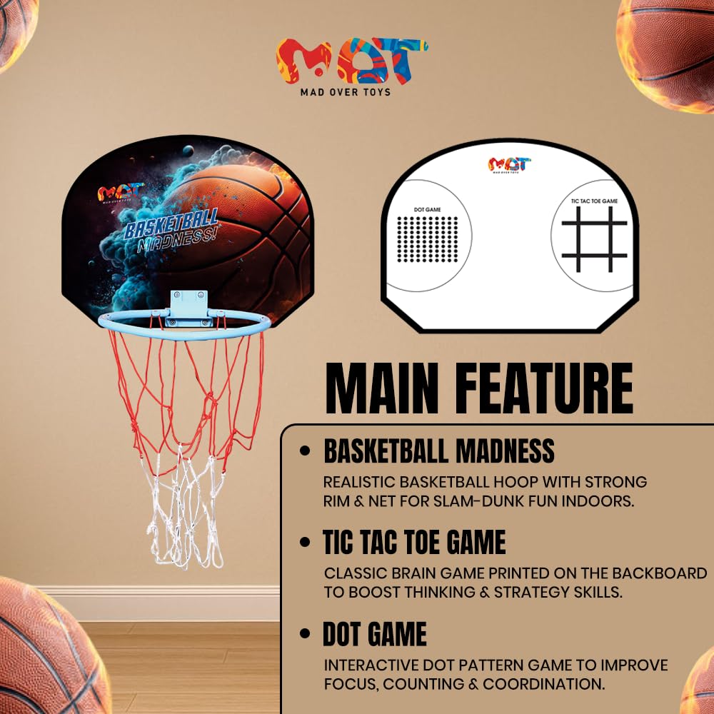 Mad Over Toys Wall Mount Basketball Set for Kids | 3-in-1 Hoop with Tic Tac Toe & Dot Game | Indoor & Outdoor Fun Game
