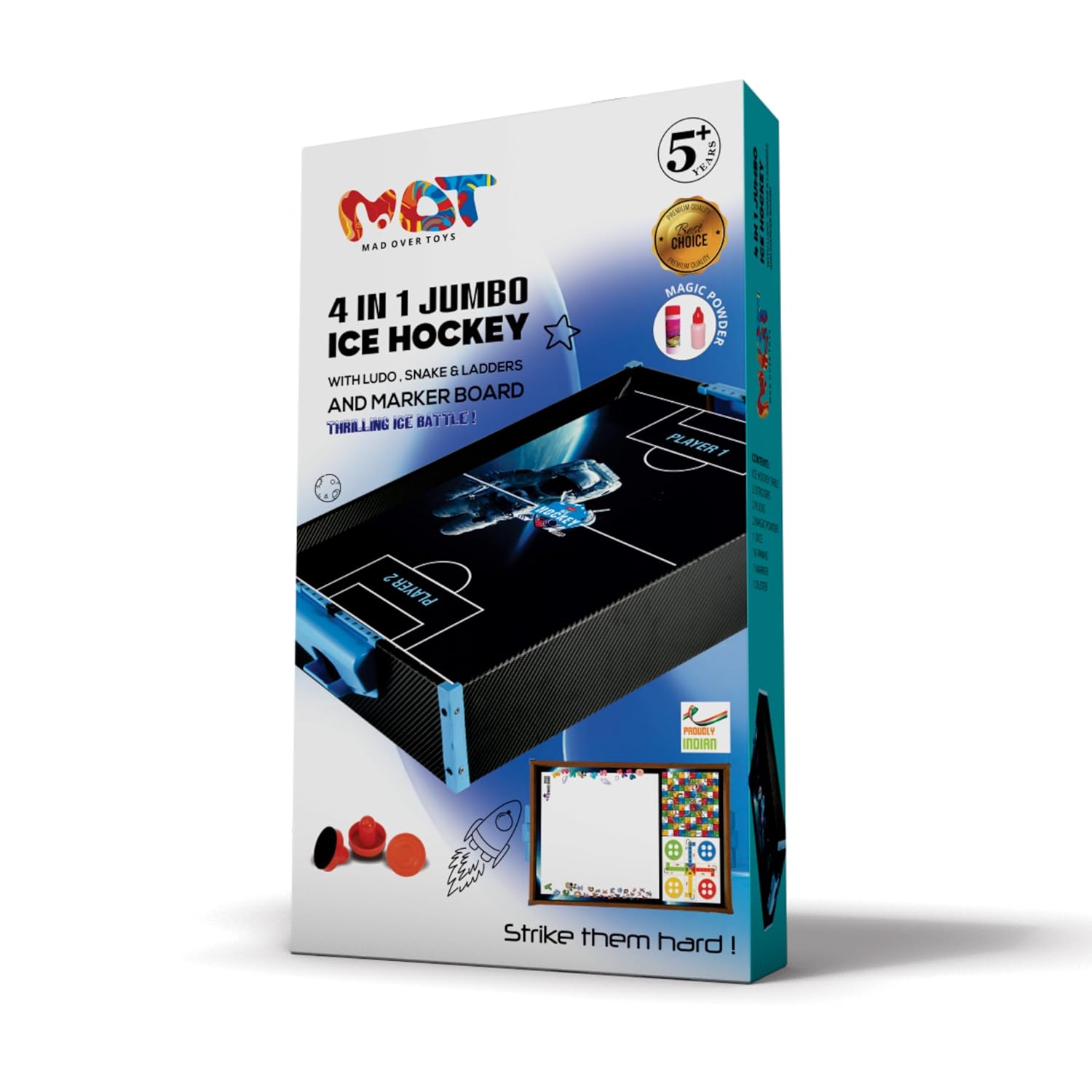 Mad Over Toys 4-in-1 Jumbo Ice Hockey Game | String Hockey with Ludo, Snake & Ladders & Marker Board | Indoor Table Game for Kids