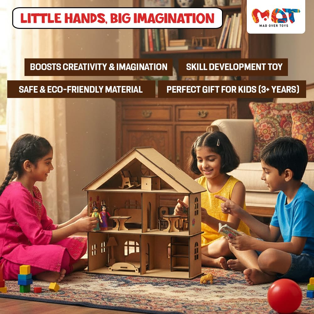 Mad Over Toys DIY Wooden Doll House Toy for Kids (3+ Years) | Creative Play Set with Furniture | Imagination & Skill Development Toy